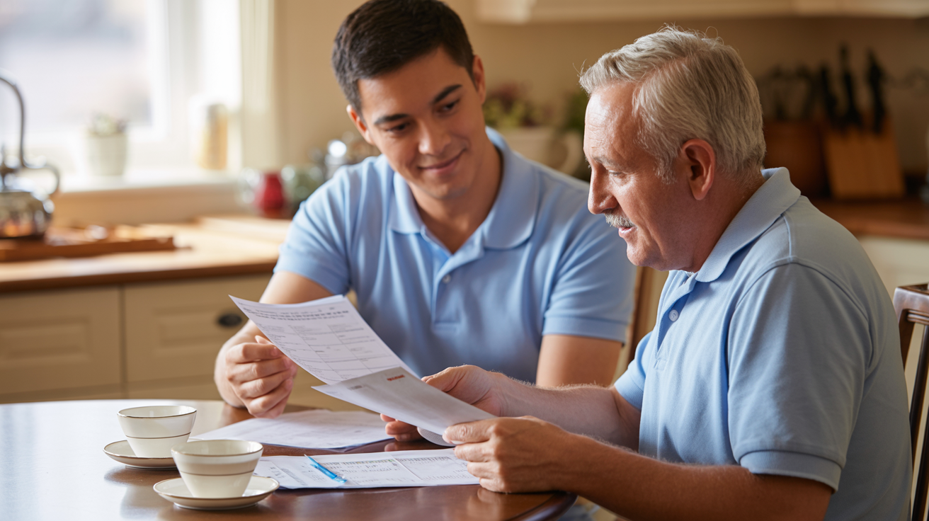 Male carer helping an elderly man with paperwork at a kitchen table over tea