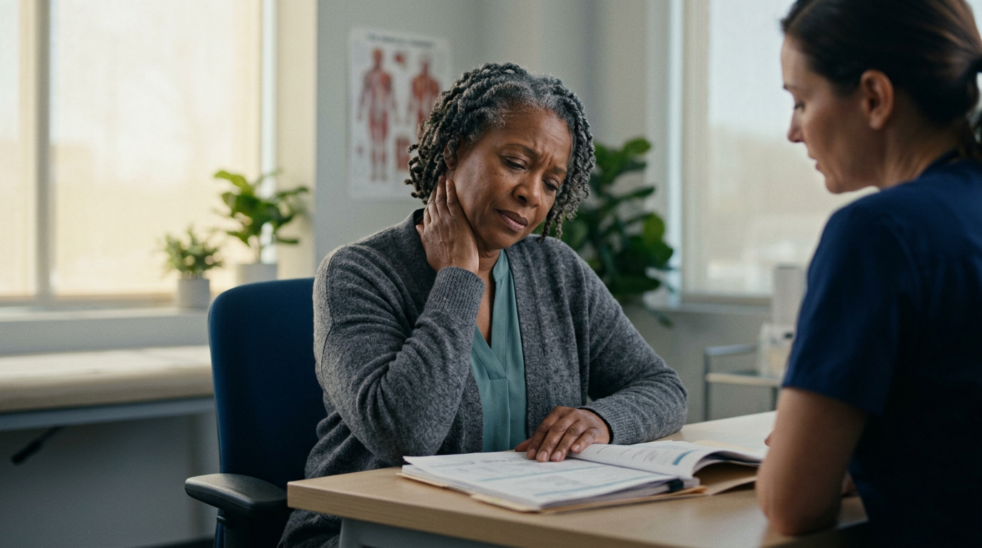 An older Black woman military veteran at a clinical consultation with one hand on the side of her neck as pain radiates into her shoulder and arm, reviewing her medical records
