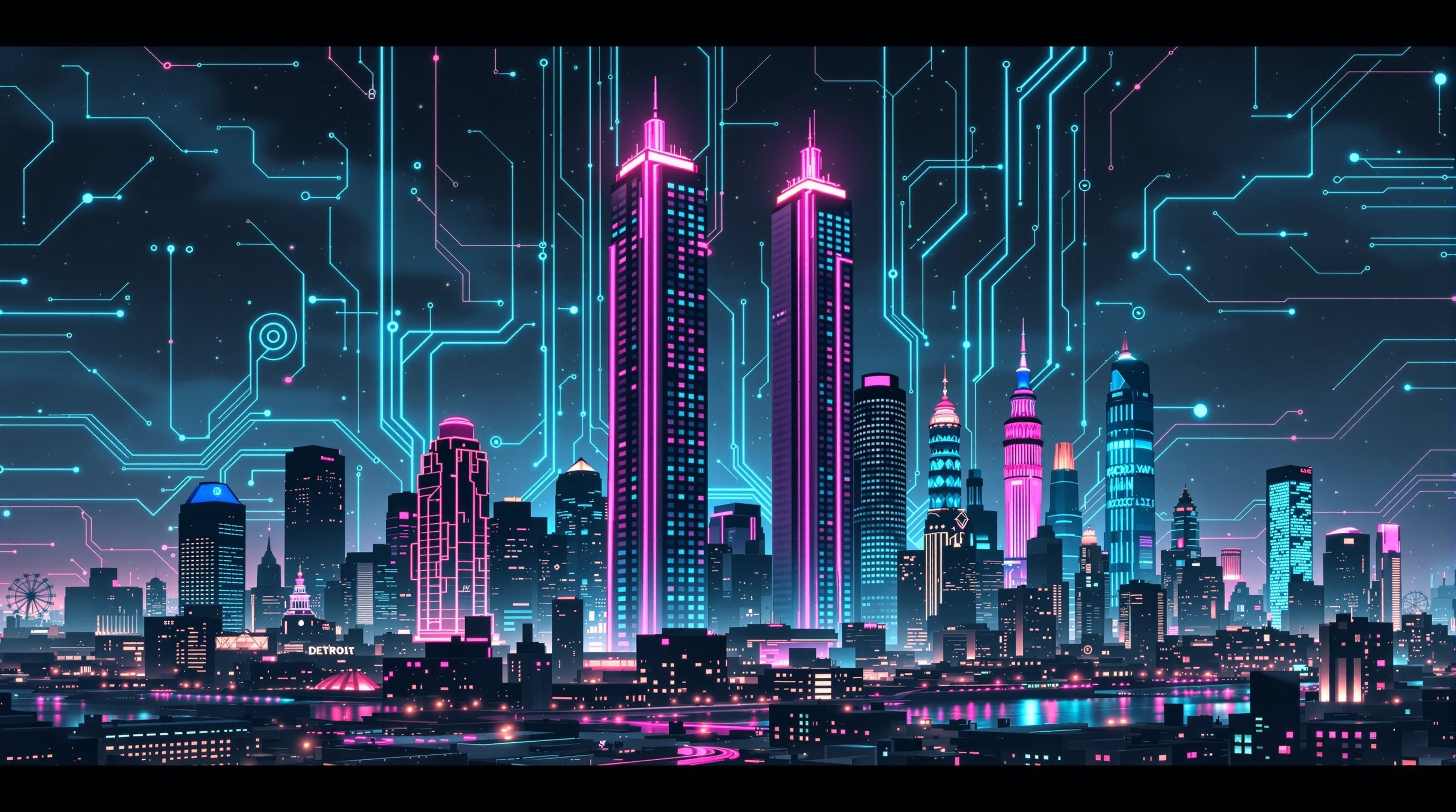 Detroit cityscape with anime overlay