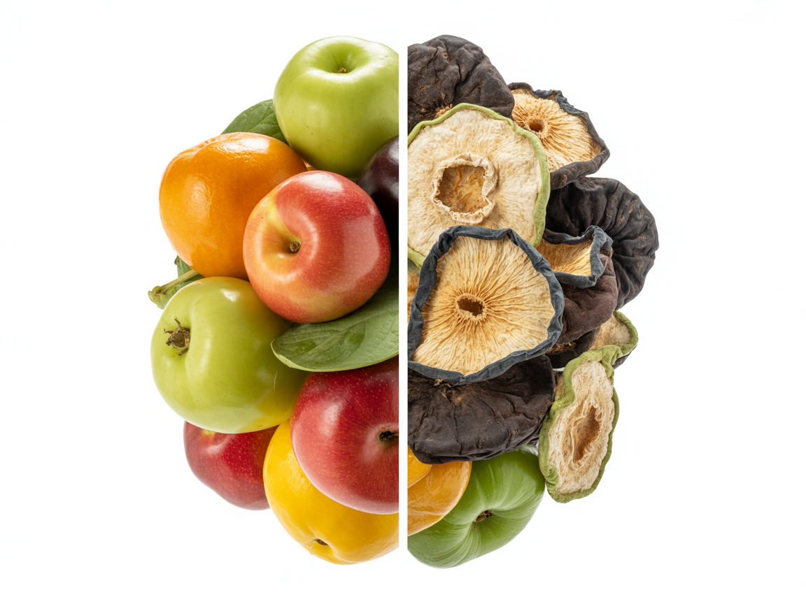 Side-by-side comparison of fresh vs freeze dried foods