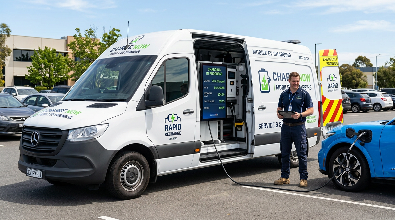 Mobile EV charging service van with professional equipment on site