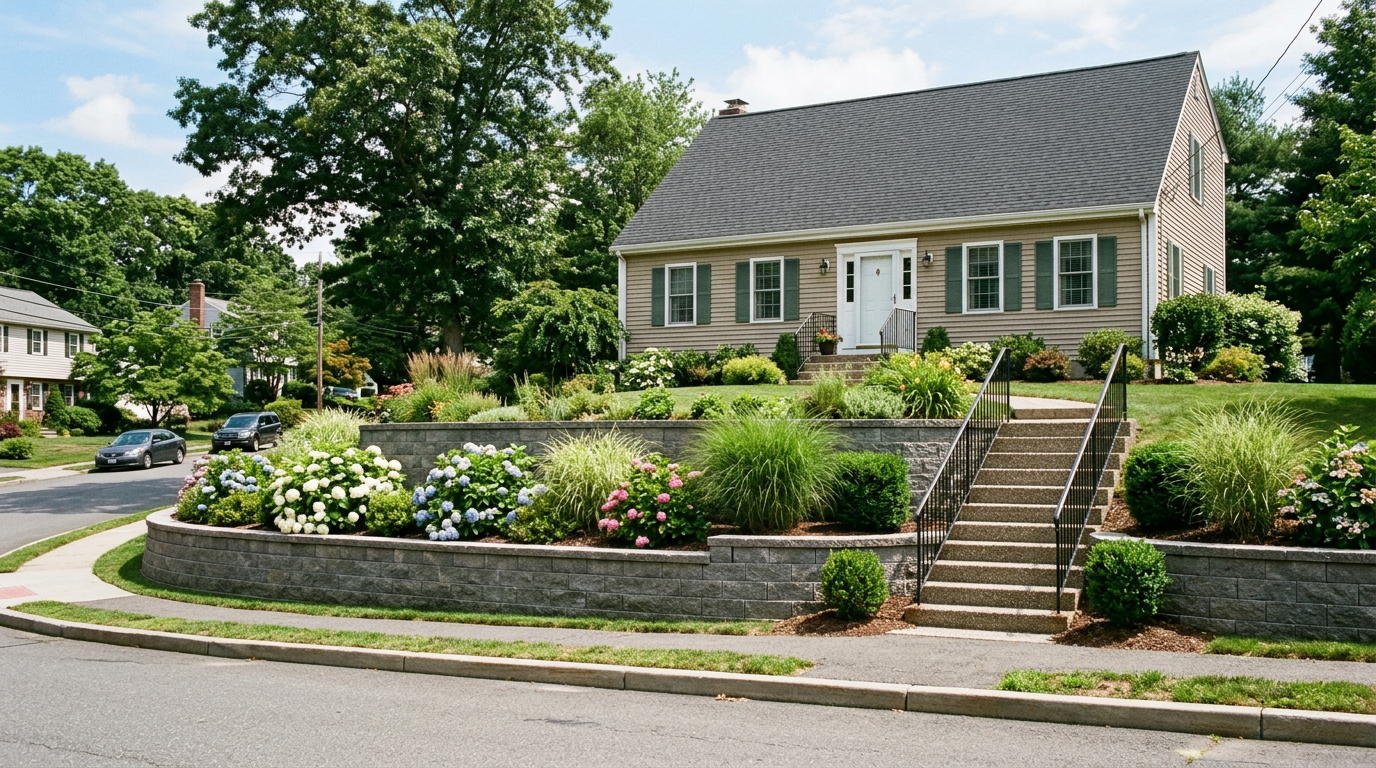 New Jersey home with tiered block retaining wall