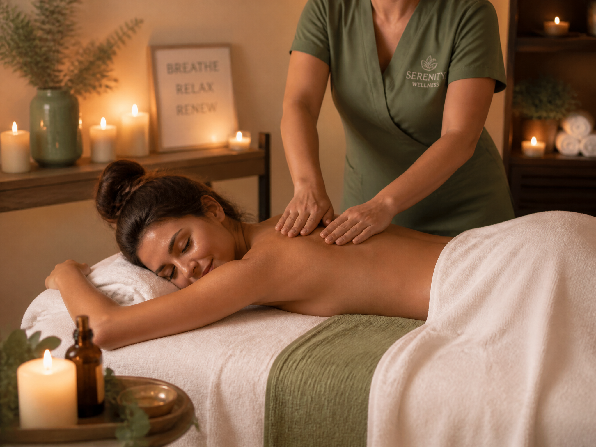 Pessoa recebendo massagem relaxante com velas ao fundo
