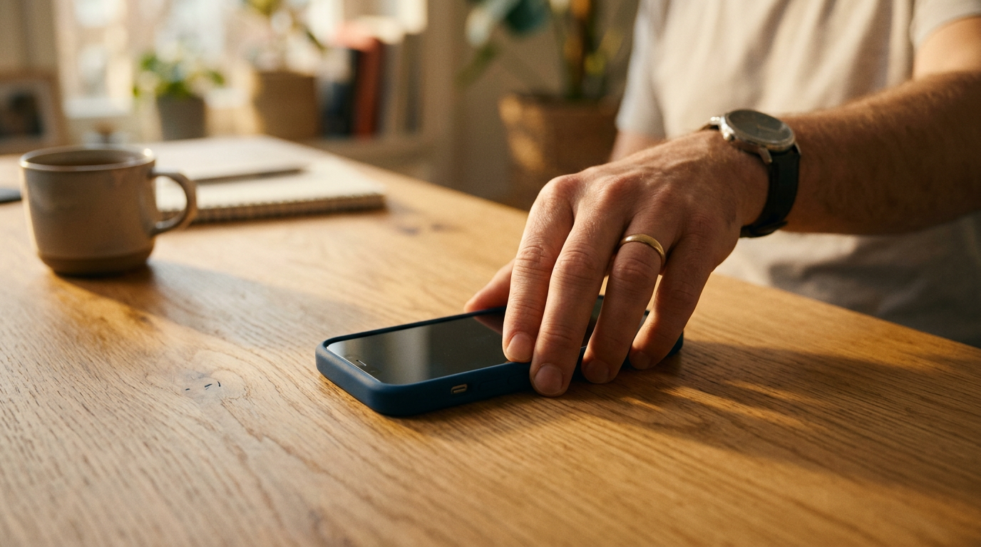 Pessoa colocando celular virado para baixo na mesa escolhendo desconectar