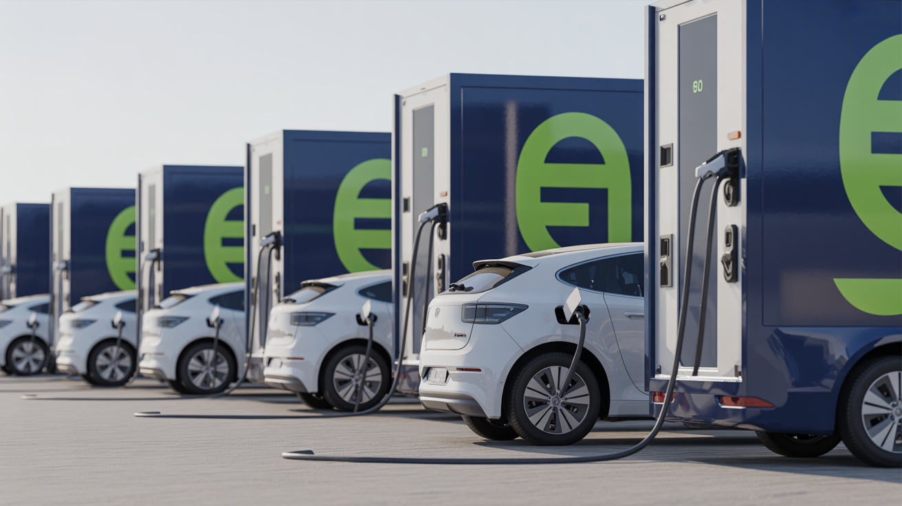Commercial fleet of electric vehicles being charged by mobile EV charging units at depot