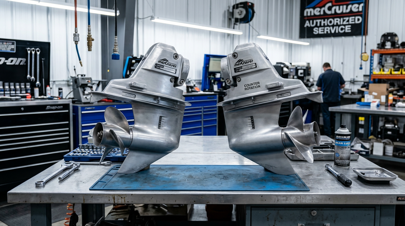 MerCruiser Alpha One Gen I standard rotation and counter rotation lower unit gearcases side by side on a workbench