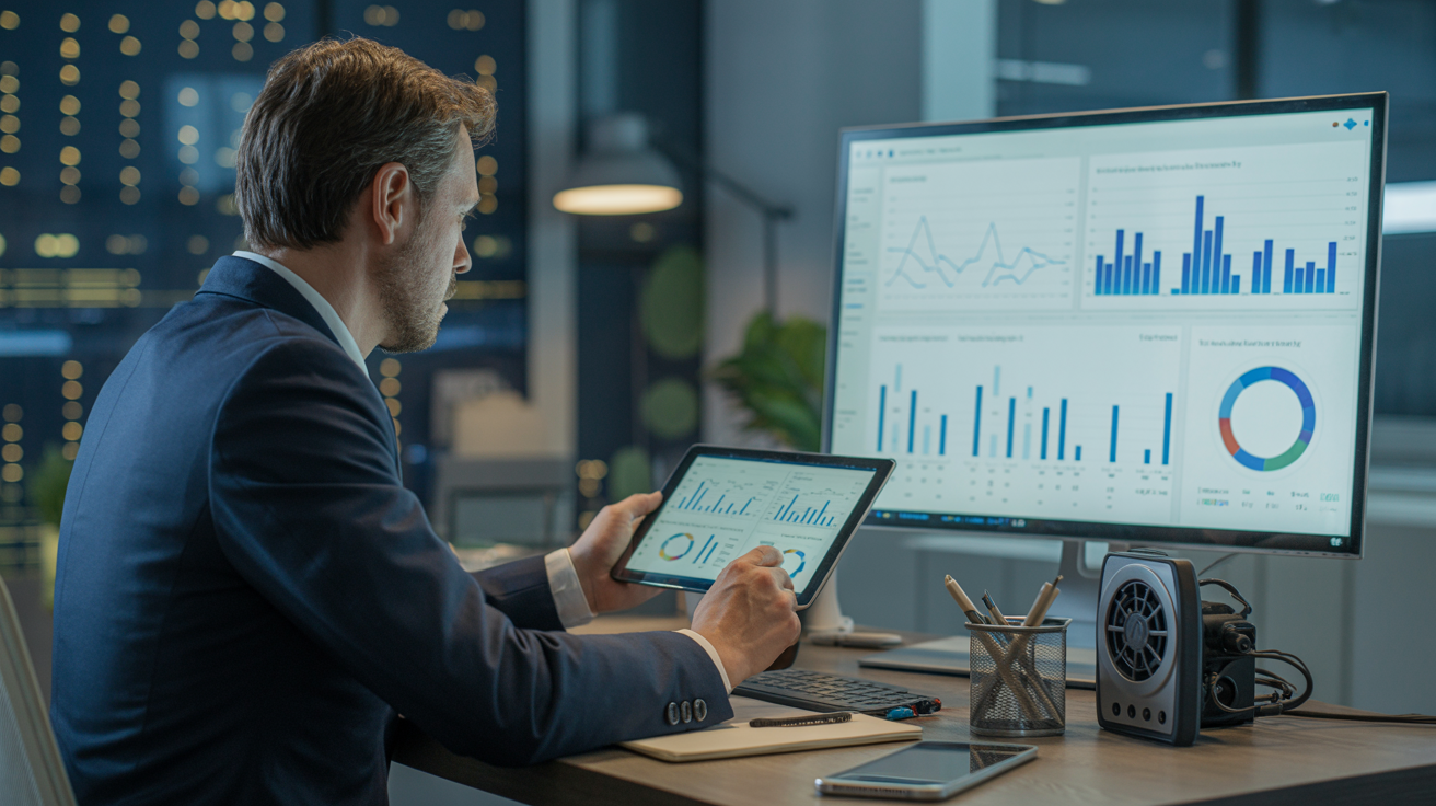 HVAC business owner reviewing diagnostic data