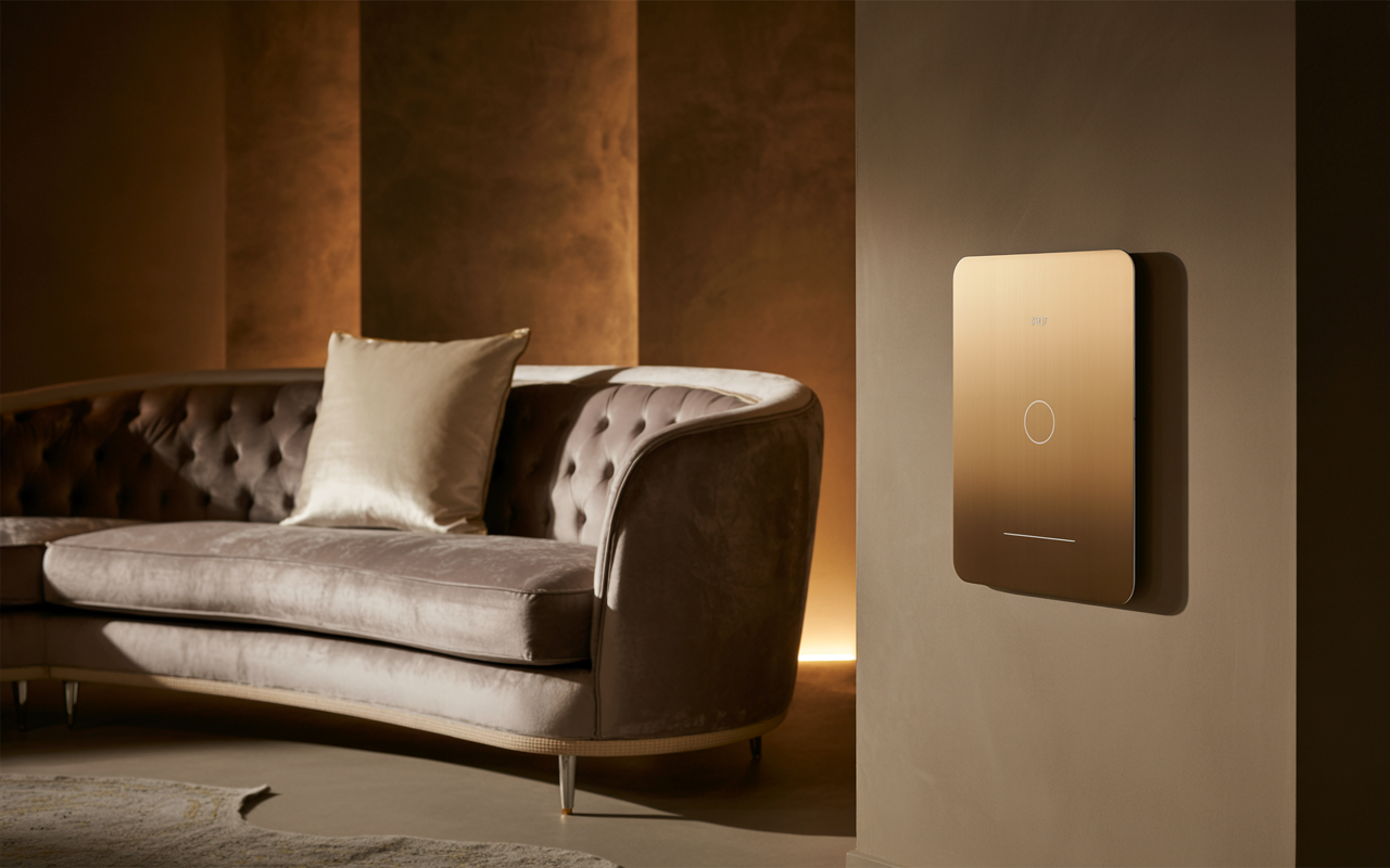 Luxury living room with a smart home control panel