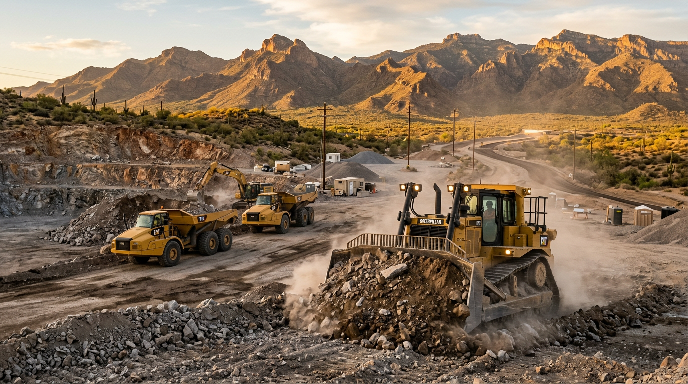 Bulldozer and wheel loader on a Tucson, Arizona job site with saguaro-dotted desert and mountains