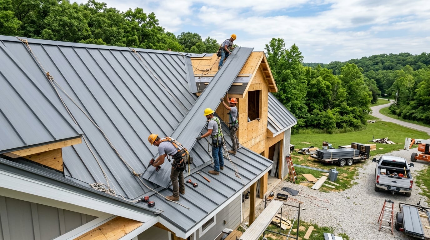 Metal roof installation on residential building