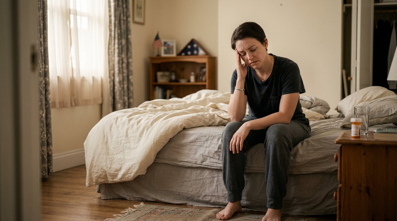 A woman veteran recovering from a severe migraine in a dim room
