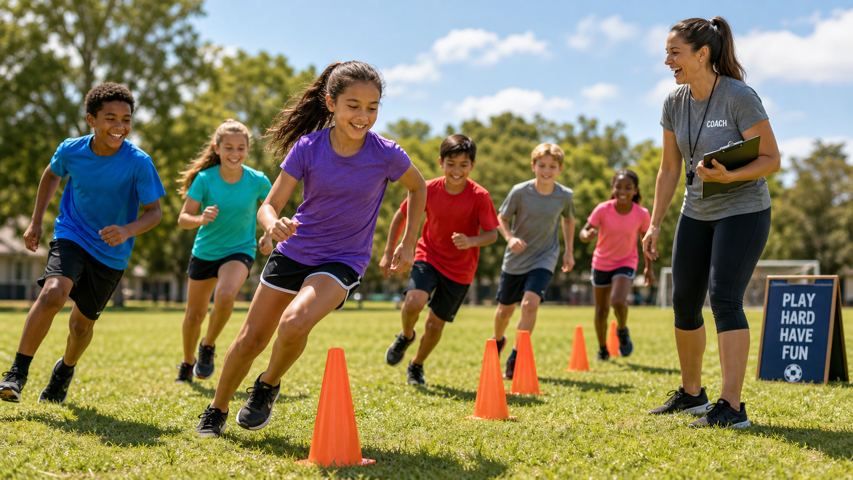 Kids having fun running through cones on a grassy field with their coach