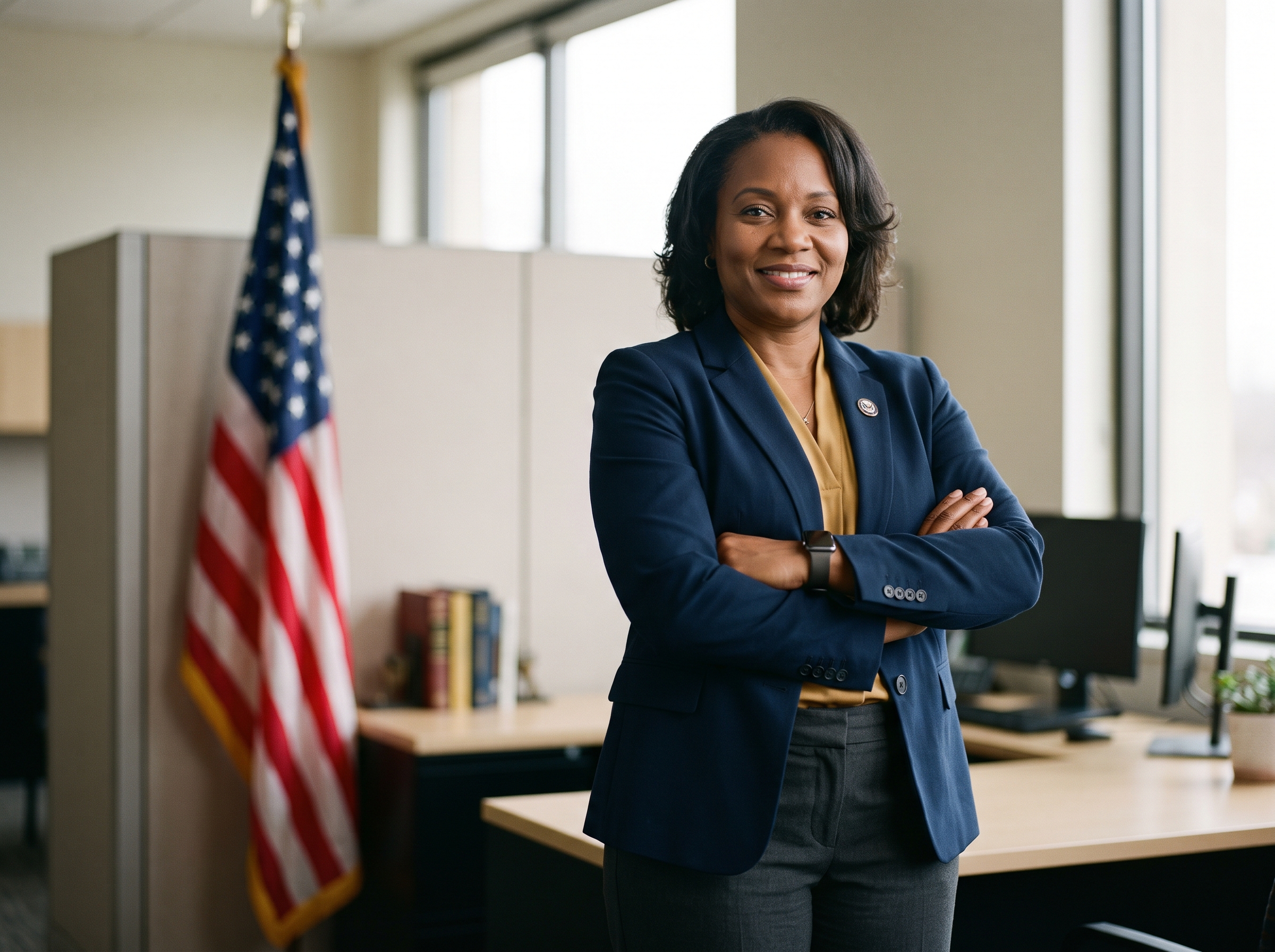 A confident VA-accredited representative in her office