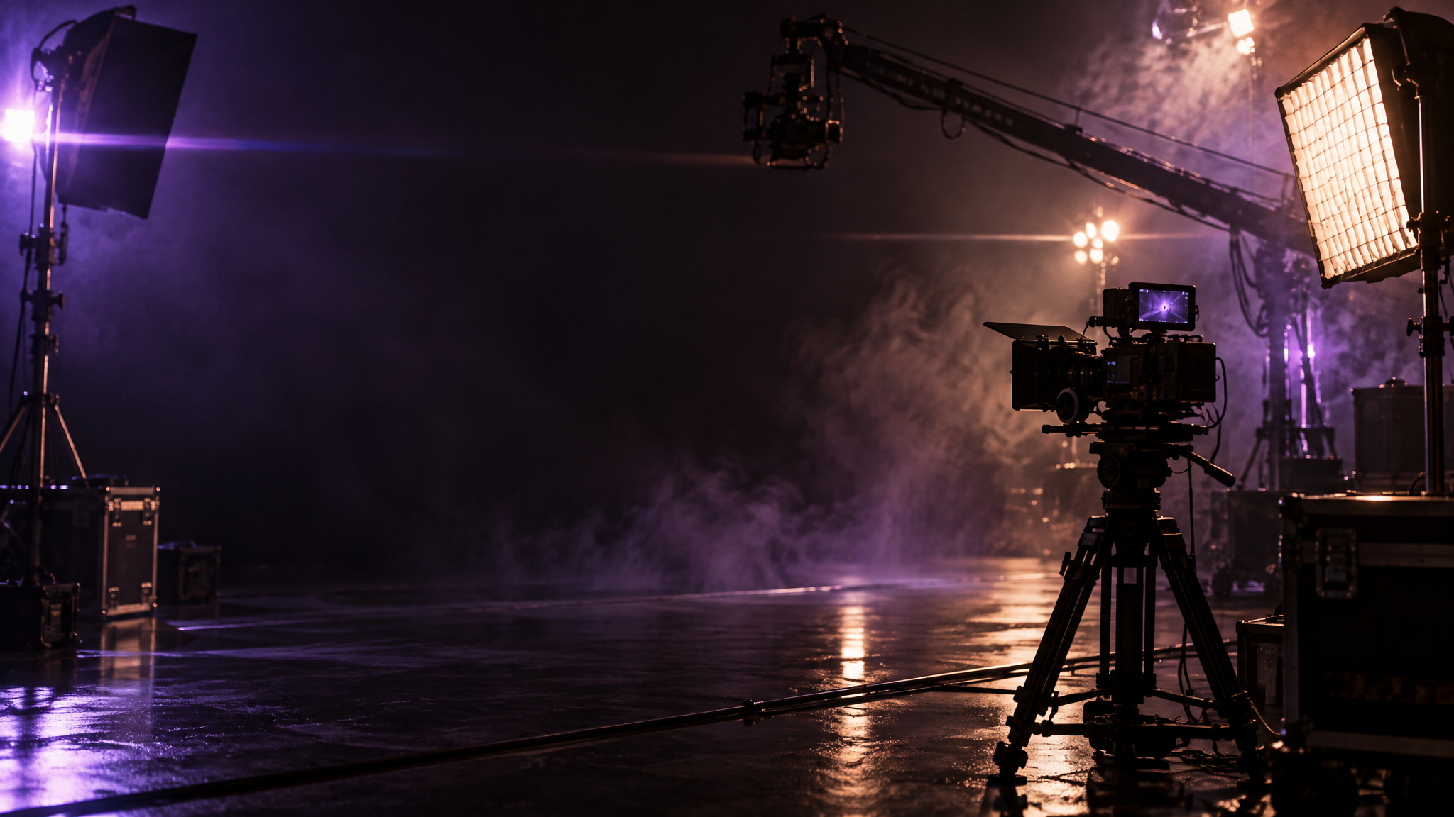 Cinematic production studio with violet accent lighting