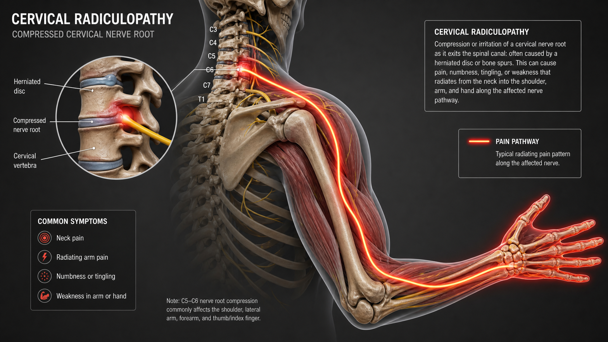 Anatomical illustration of a compressed cervical nerve root with the radiating pain pathway traced through the shoulder, down the arm and into the hand
