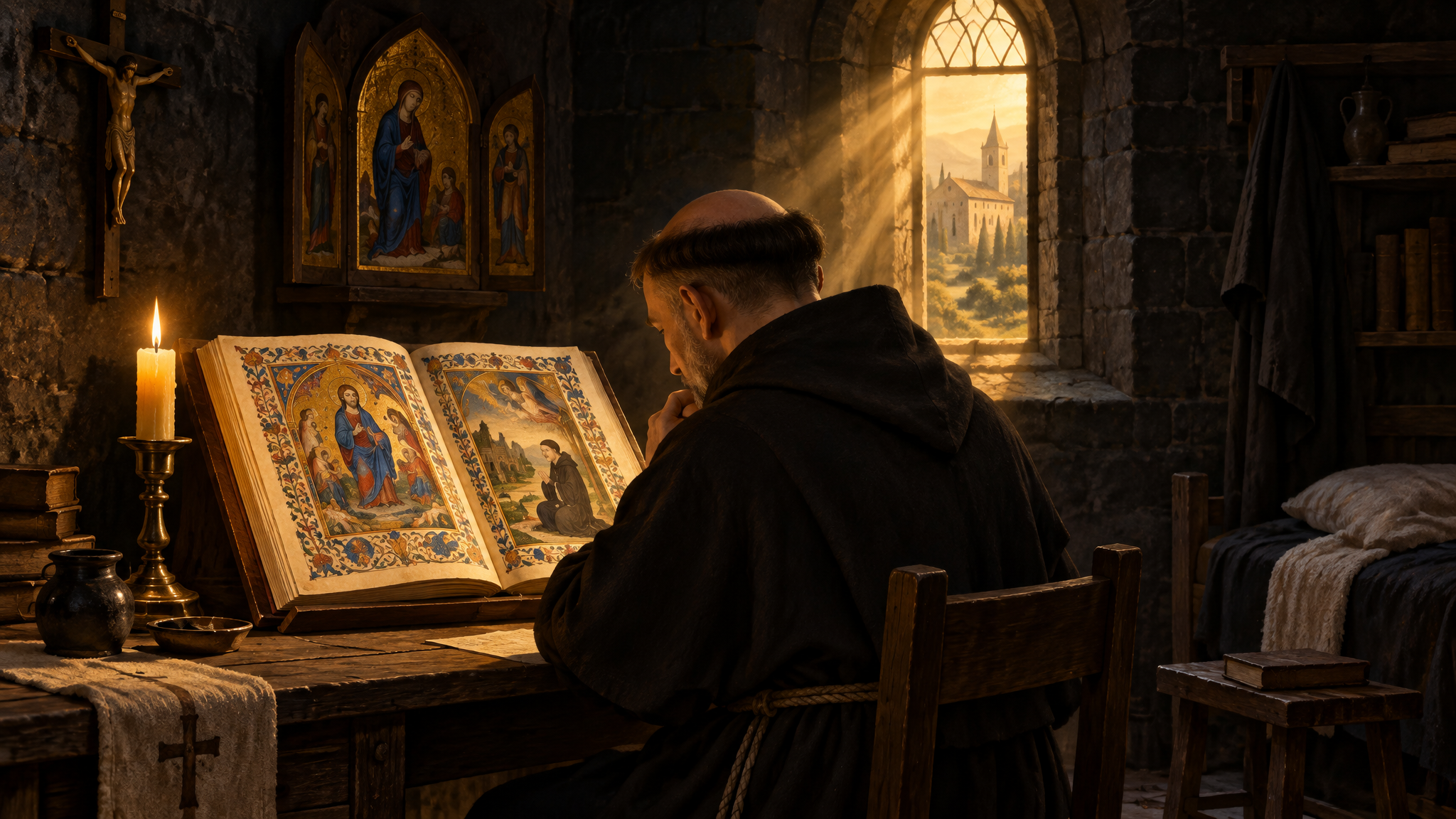 A medieval monastic cell with a candle, an open illuminated manuscript and light falling through a narrow window