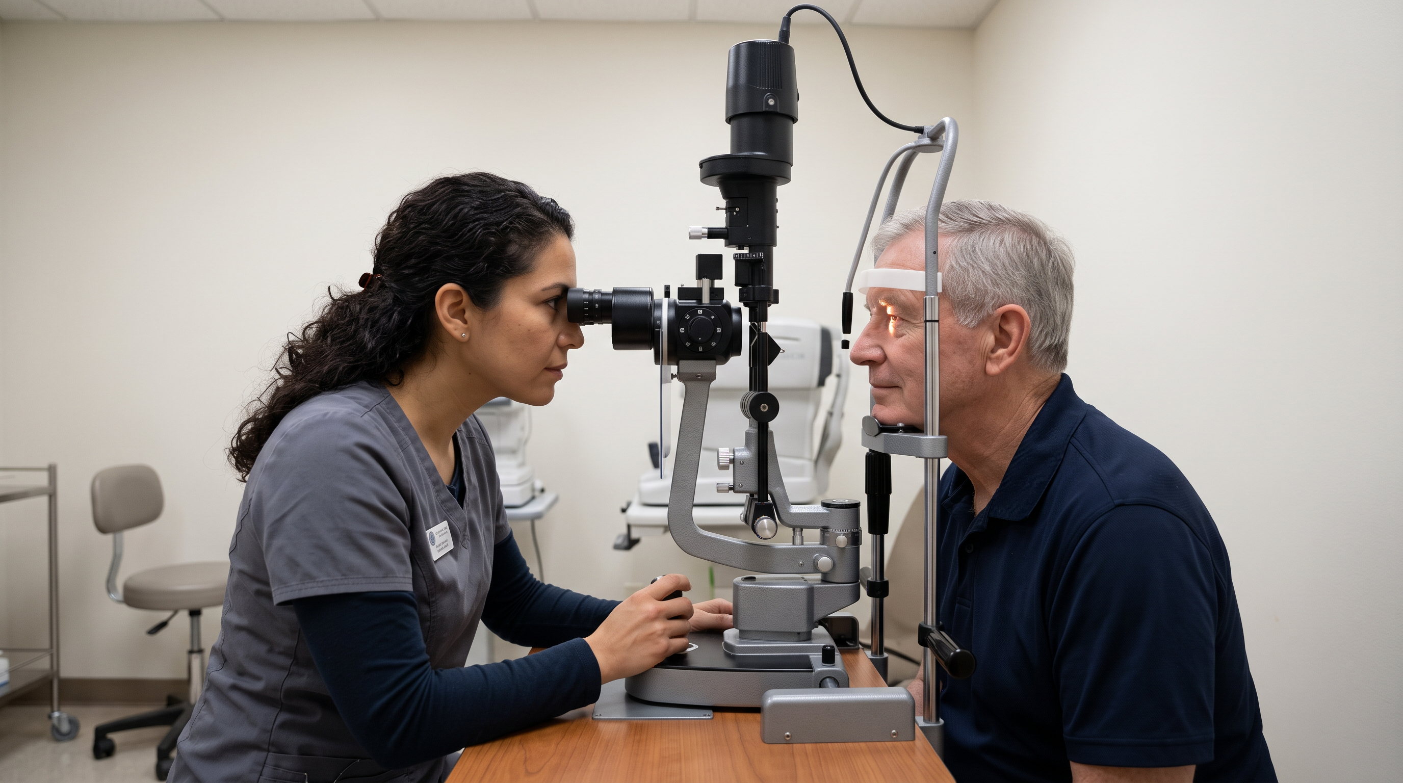 Ophthalmologist examining a veteran's eye with a slit lamp biomicroscope