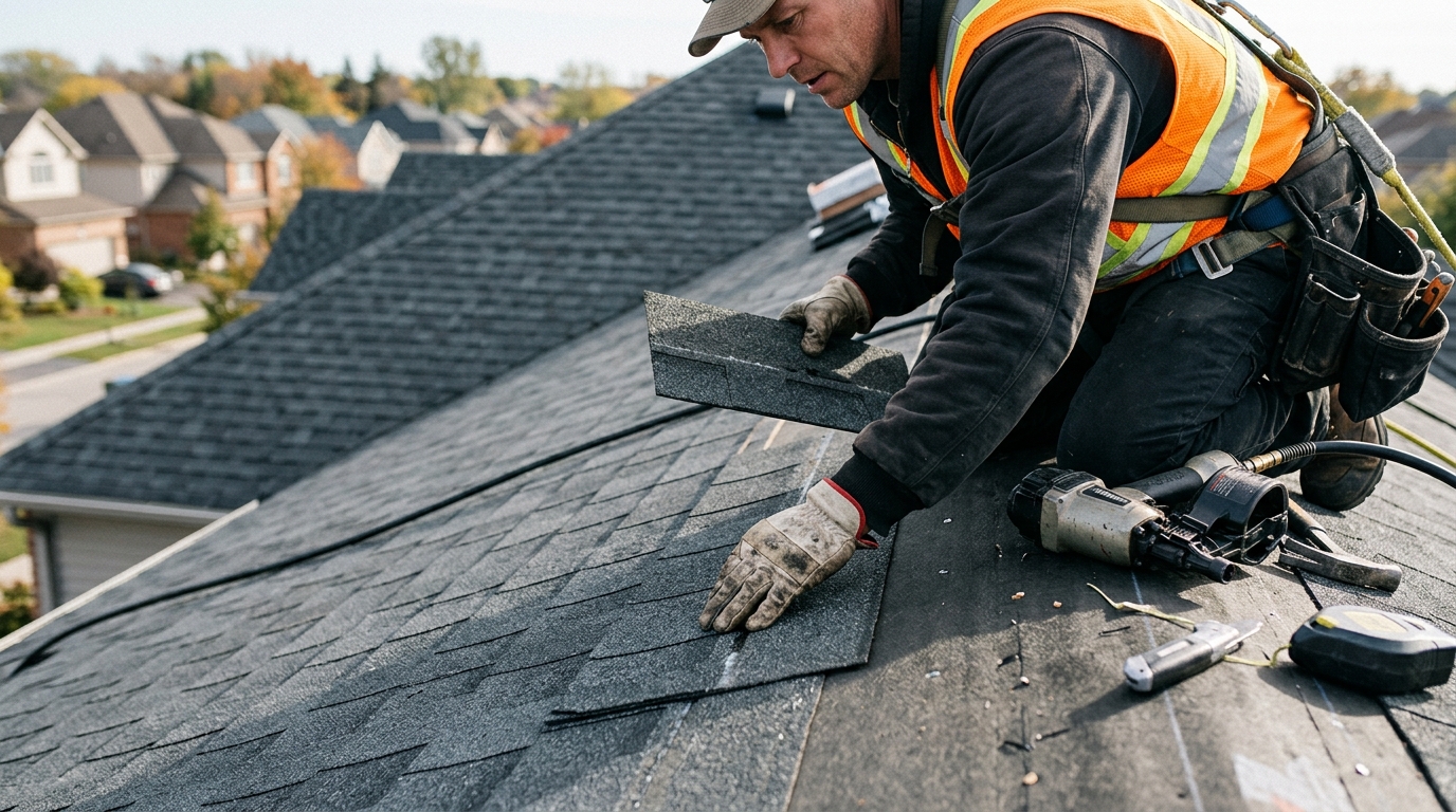 Skilled roofer carefully installing roof tiles