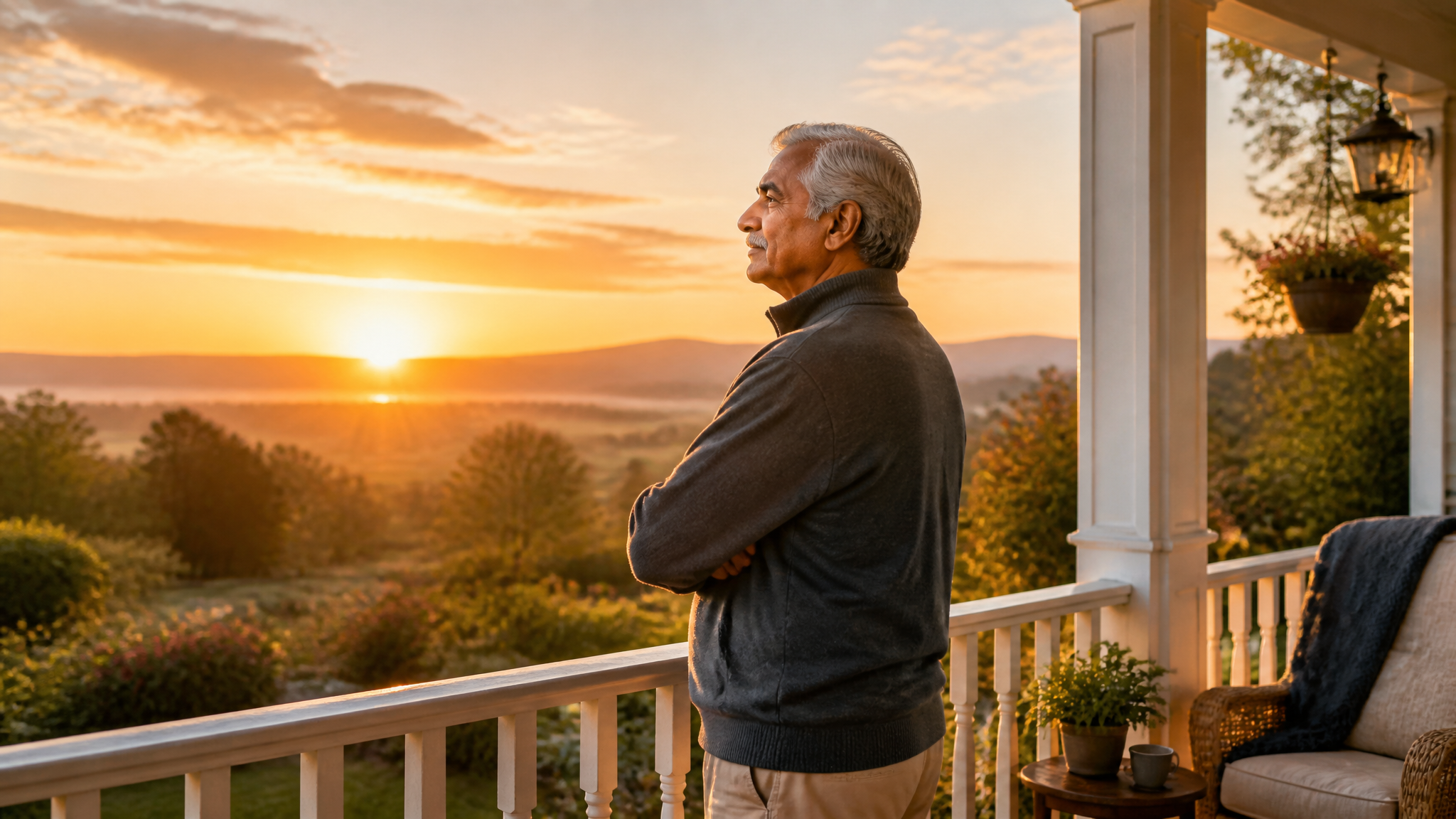 South Asian male veteran looking at sunrise from porch, representing hope and recovery