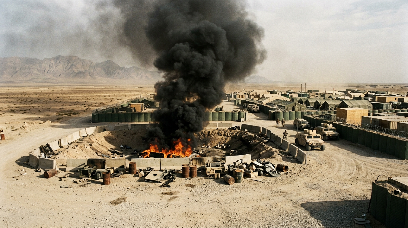 An open-air military burn pit with thick black toxic smoke rising over a desert forward operating base