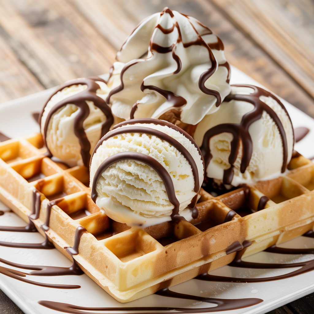 Waffle with vanilla ice cream and chocolate