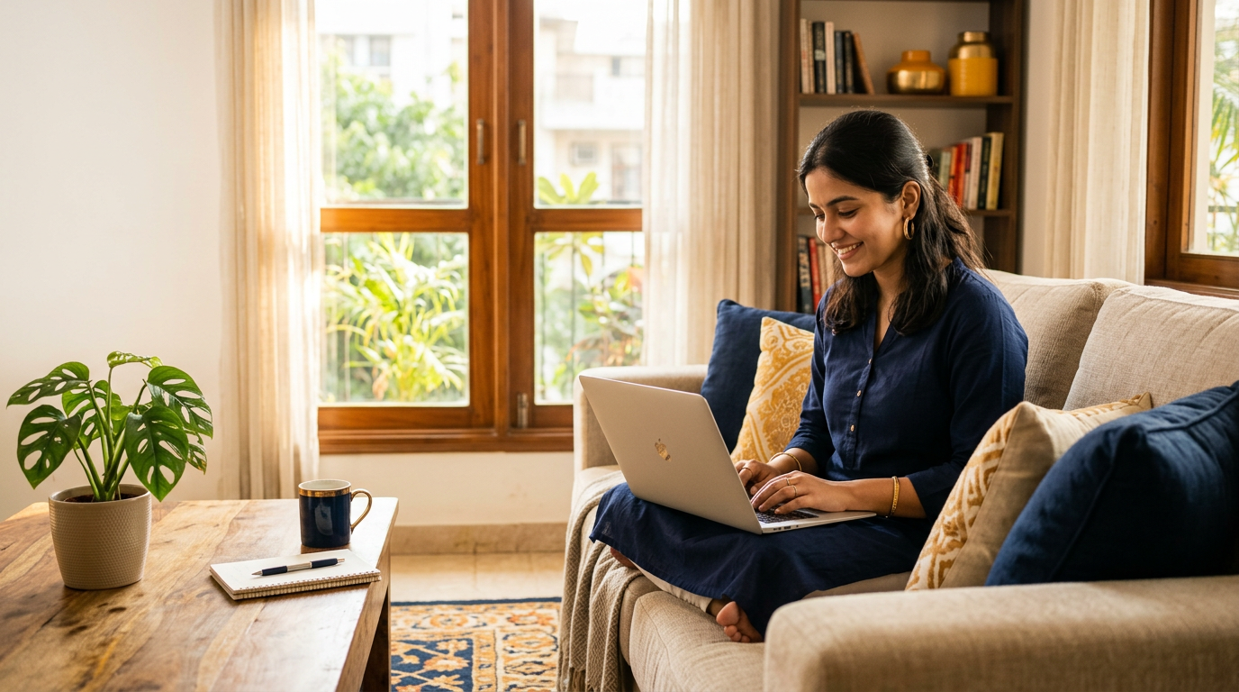 Young woman learning digital skills on laptop at home