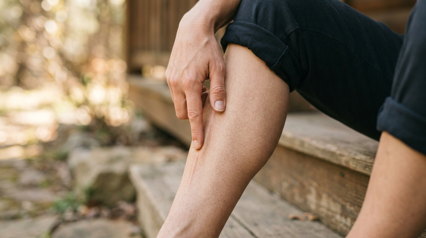Photograph of a person tracing one finger down the inner edge of their own bare shin along a long band of tenderness