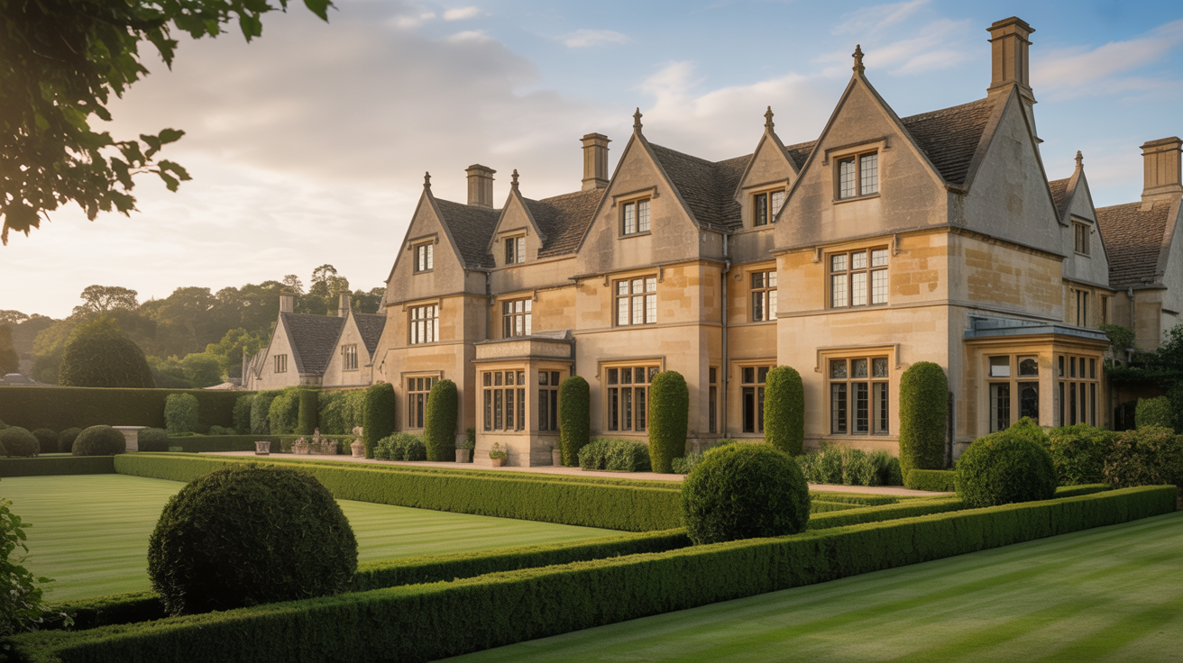 Luxury Cotswold stone manor house bathed in golden light