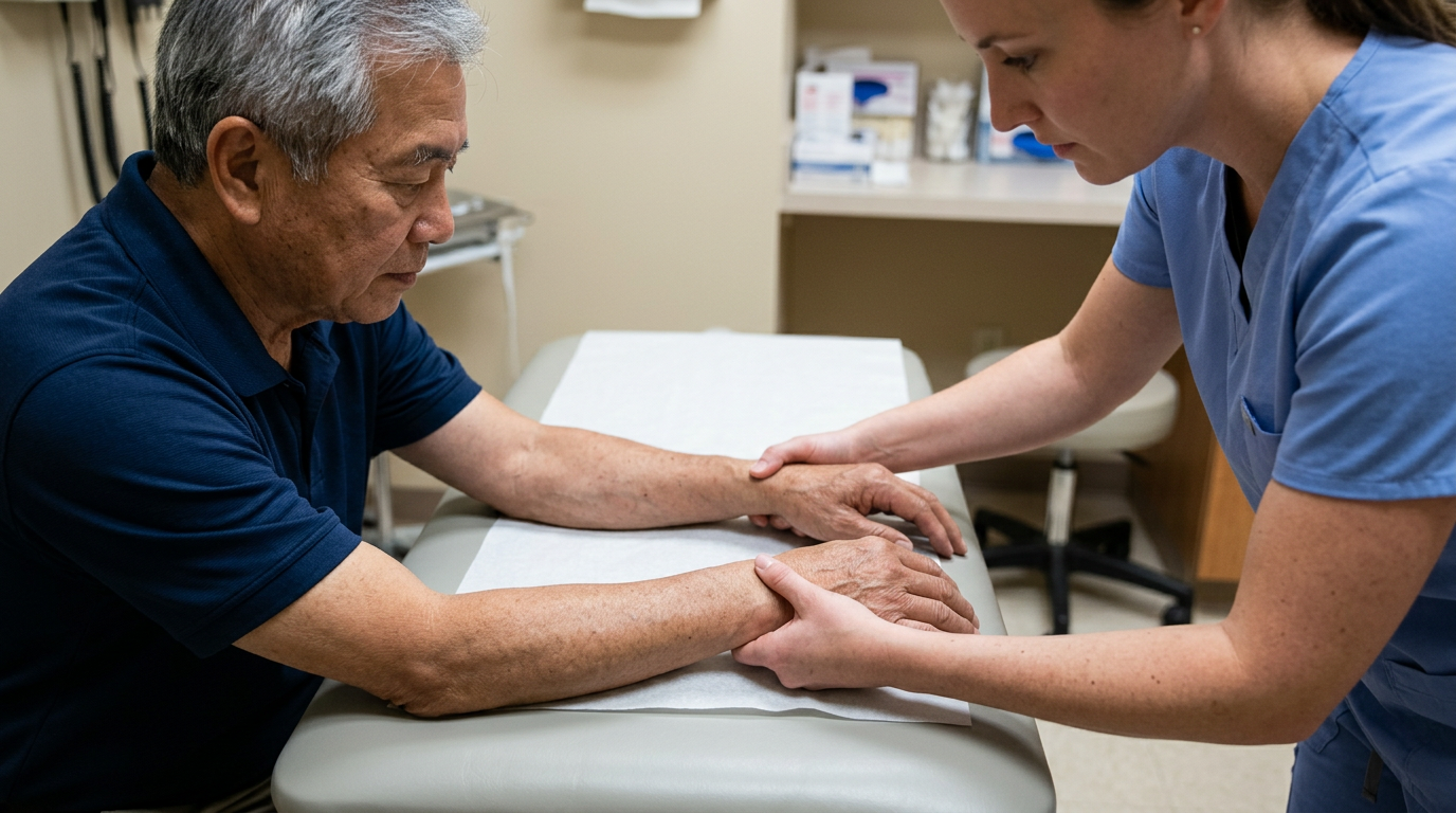 A clinician comparing both wrists and hands of an older veteran side by side on an exam table for bilateral comparison