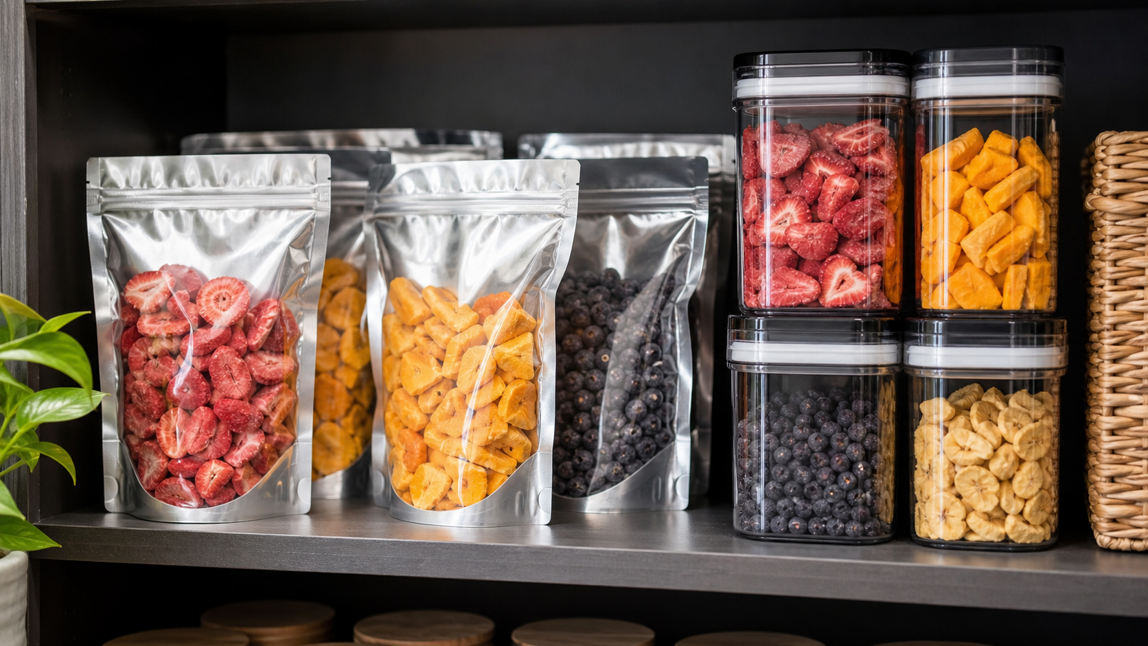 Freeze-dried fruits sealed in Mylar pouches and airtight containers stored on a pantry shelf