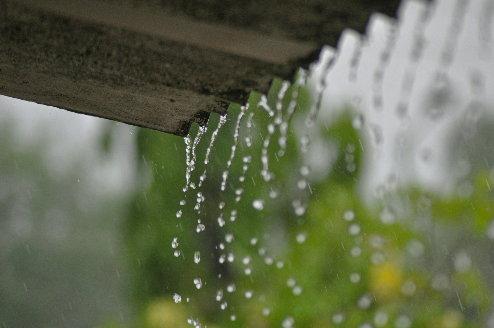 Rainwater overflowing from a leaking gutter
