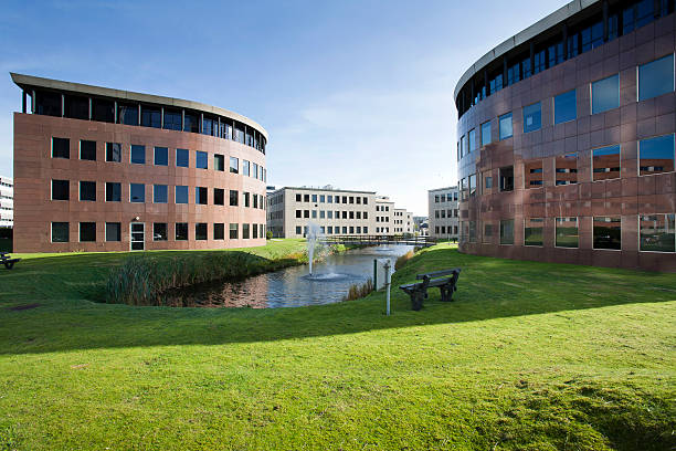 Modern office campus with landscaped grounds
