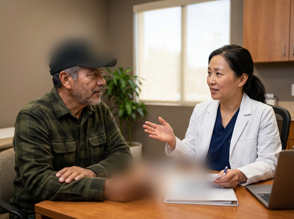 Hispanic male veteran in his 50s consulting with an East Asian female allergist in a medical office as she explains his rhinitis condition