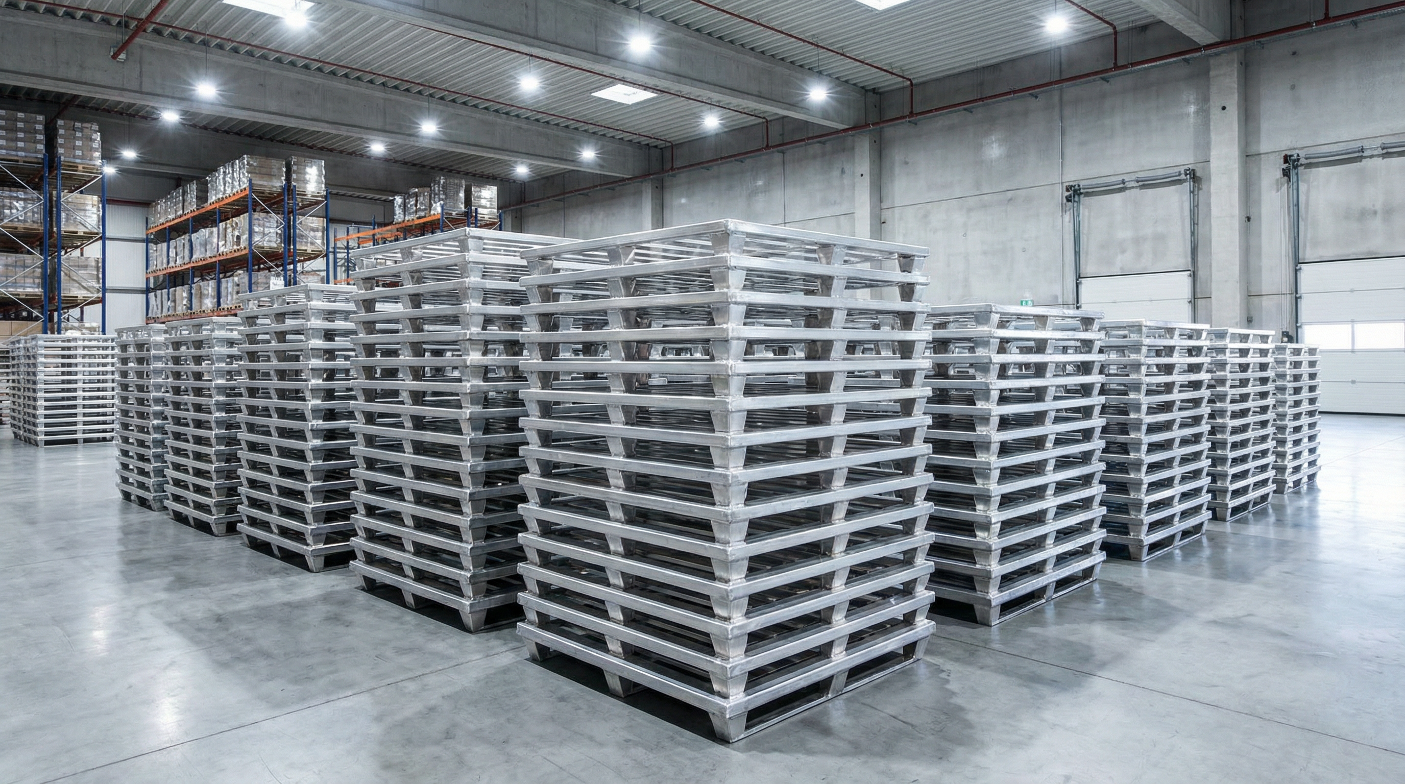 Stacks of silver aluminum pallets in modern warehouse facility