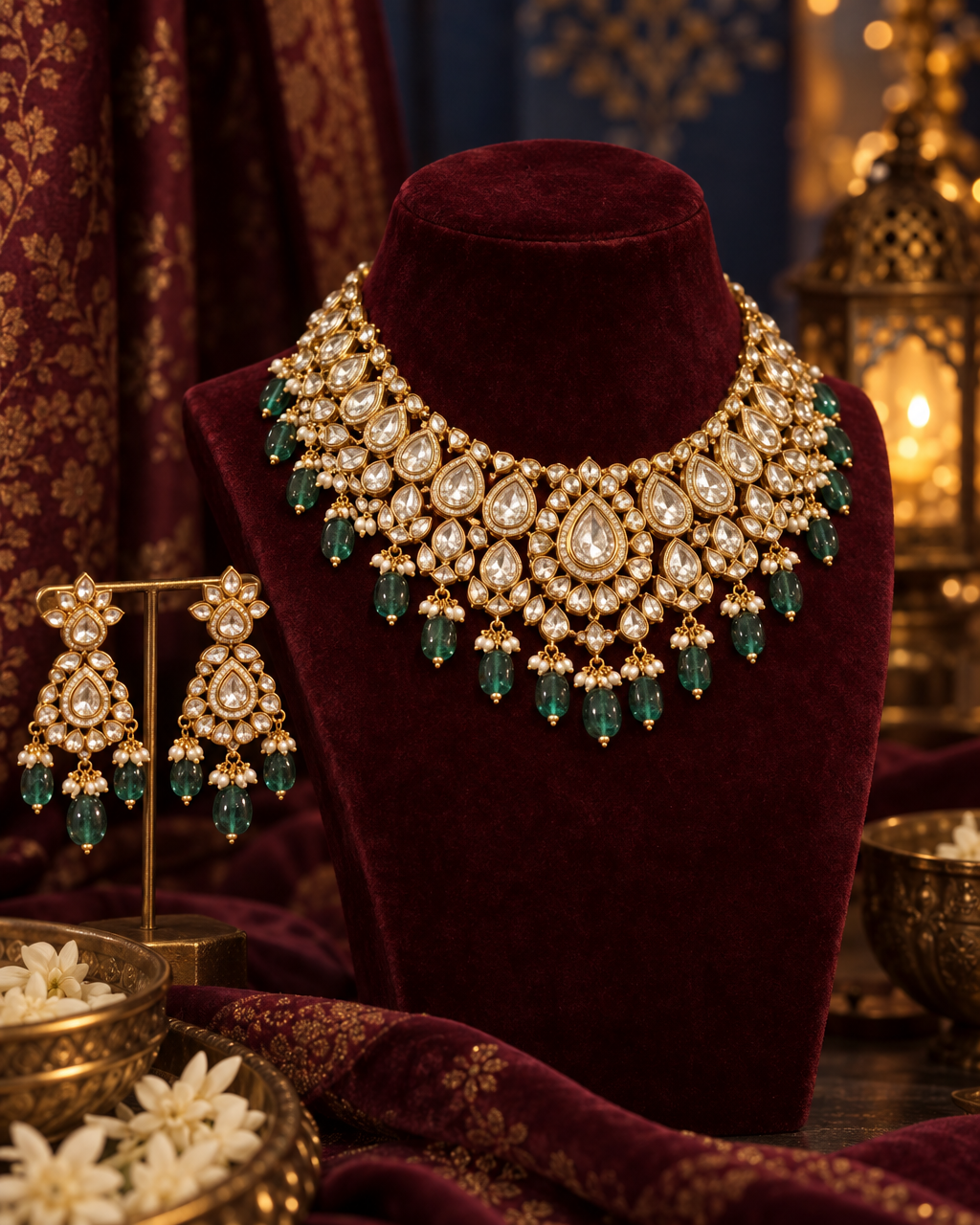 Gold kundan necklace product shot with warm lighting