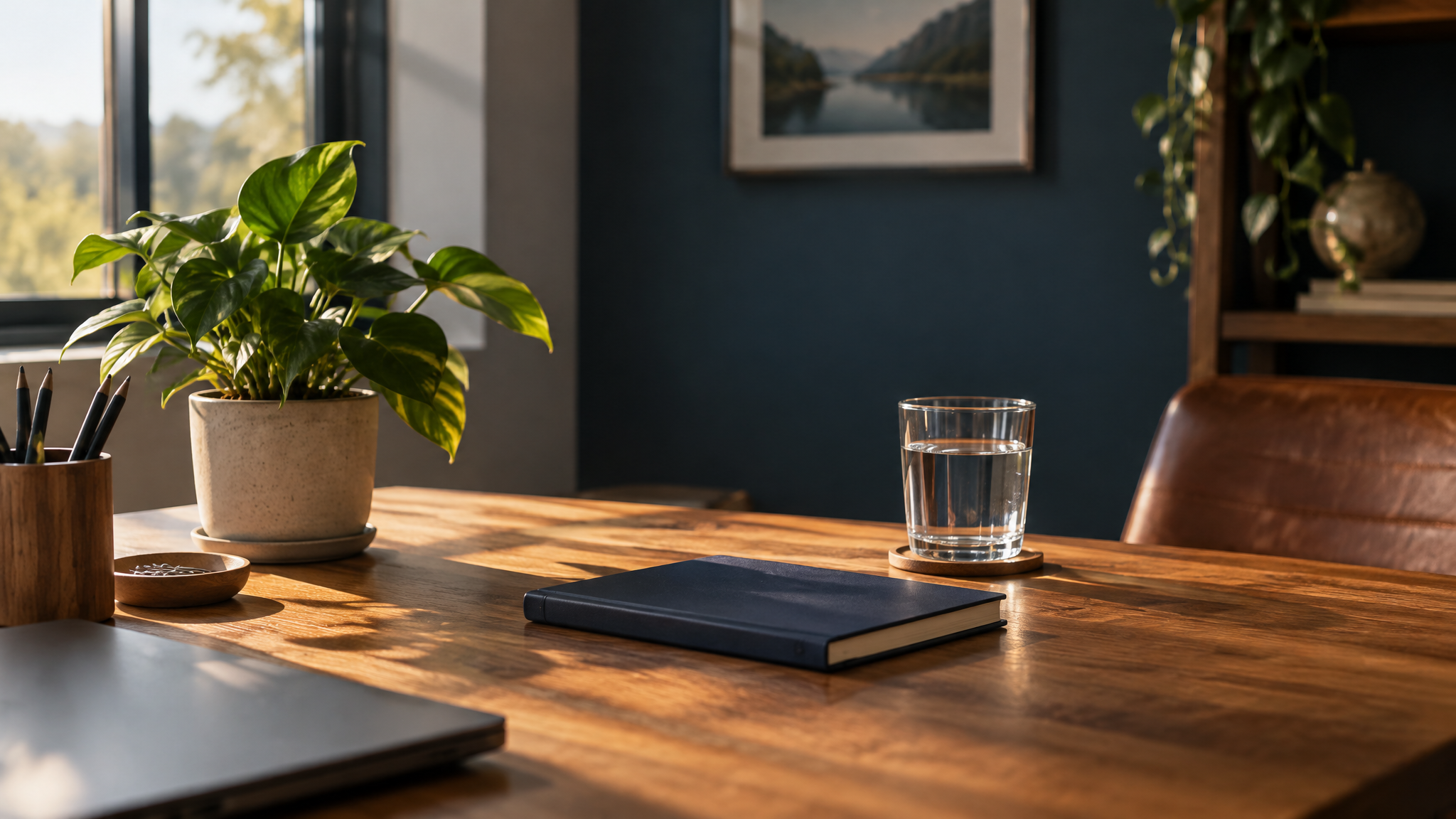 Mesa de trabalho organizada com planta, caderno fechado e copo d'água