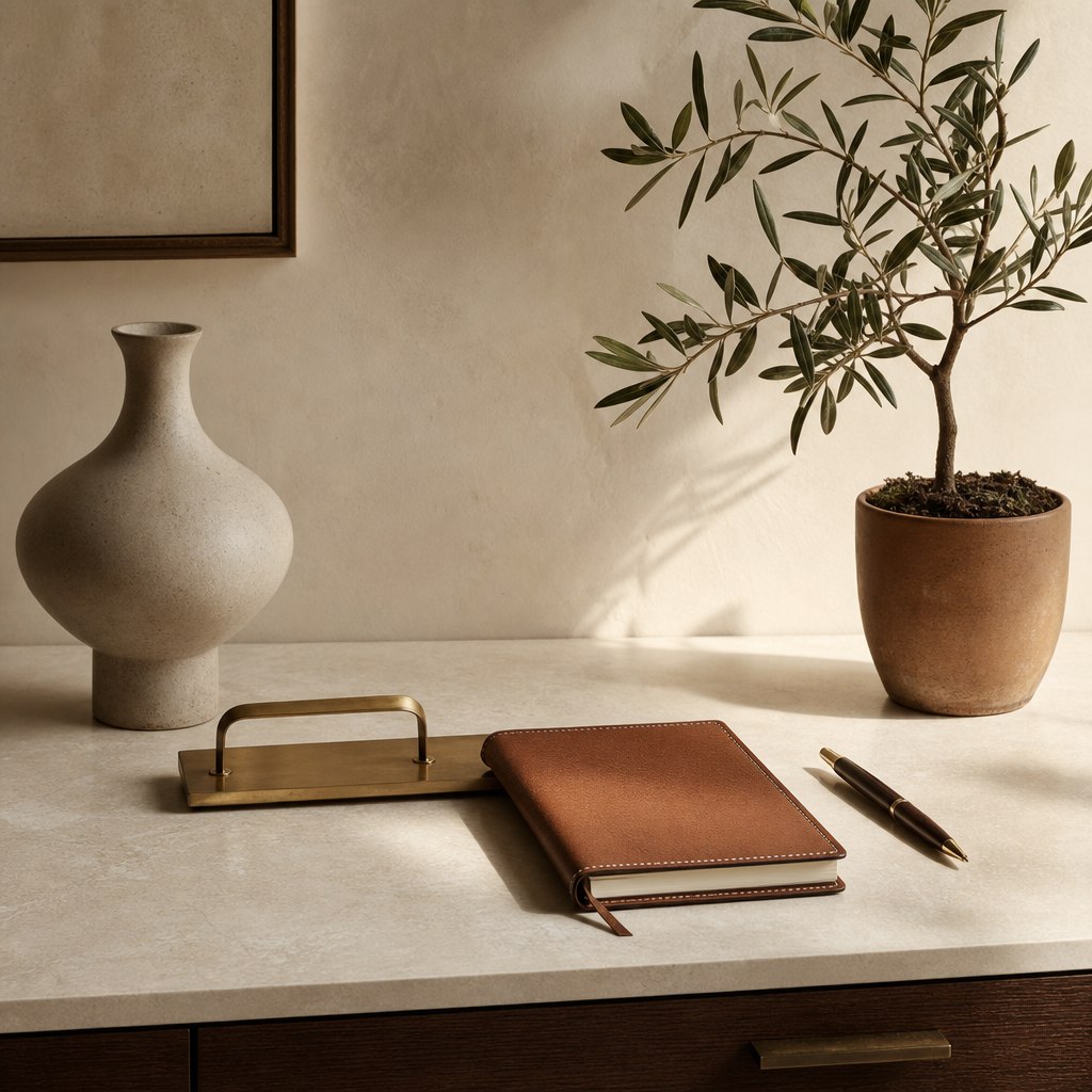 Minimalist luxury workspace with curated premium objects representing intentional design