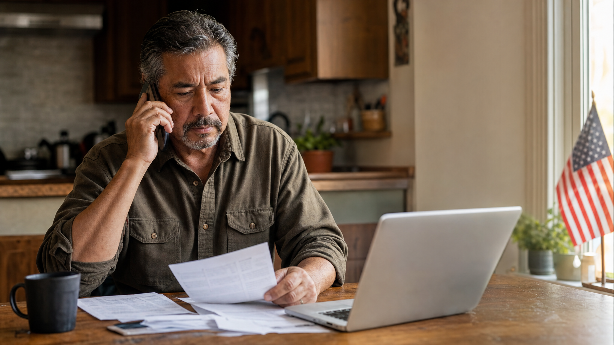 A determined veteran on the phone at home, working through his benefit paperwork