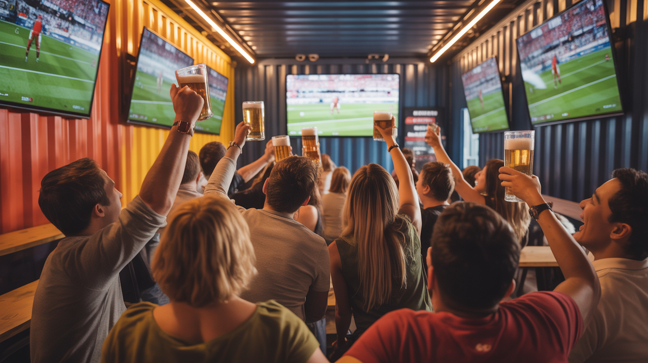 Fans watching live sports at BelWings container bar with multiple screens