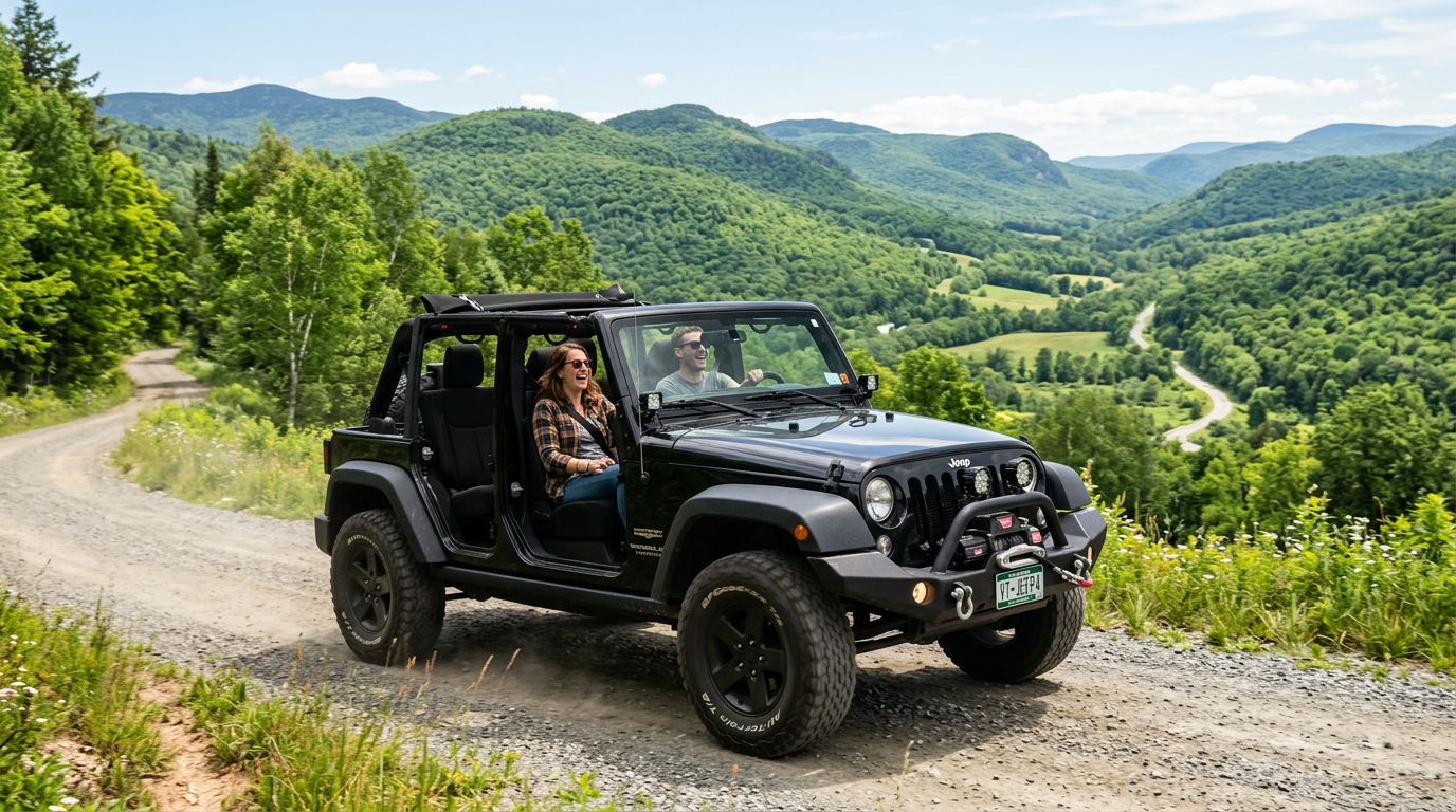 Open-top four-wheel-drive vehicle on a scenic mountain road