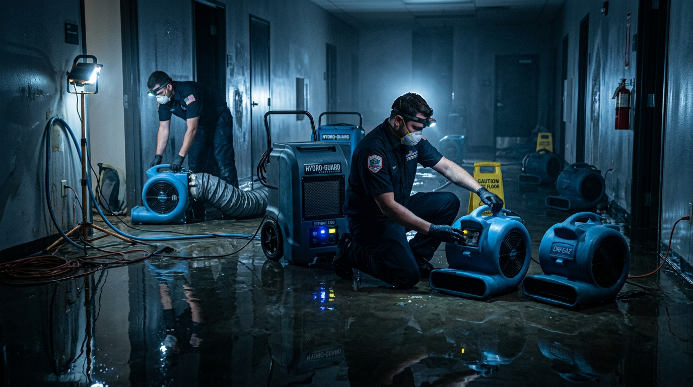 Water damage restoration professionals working with industrial equipment
