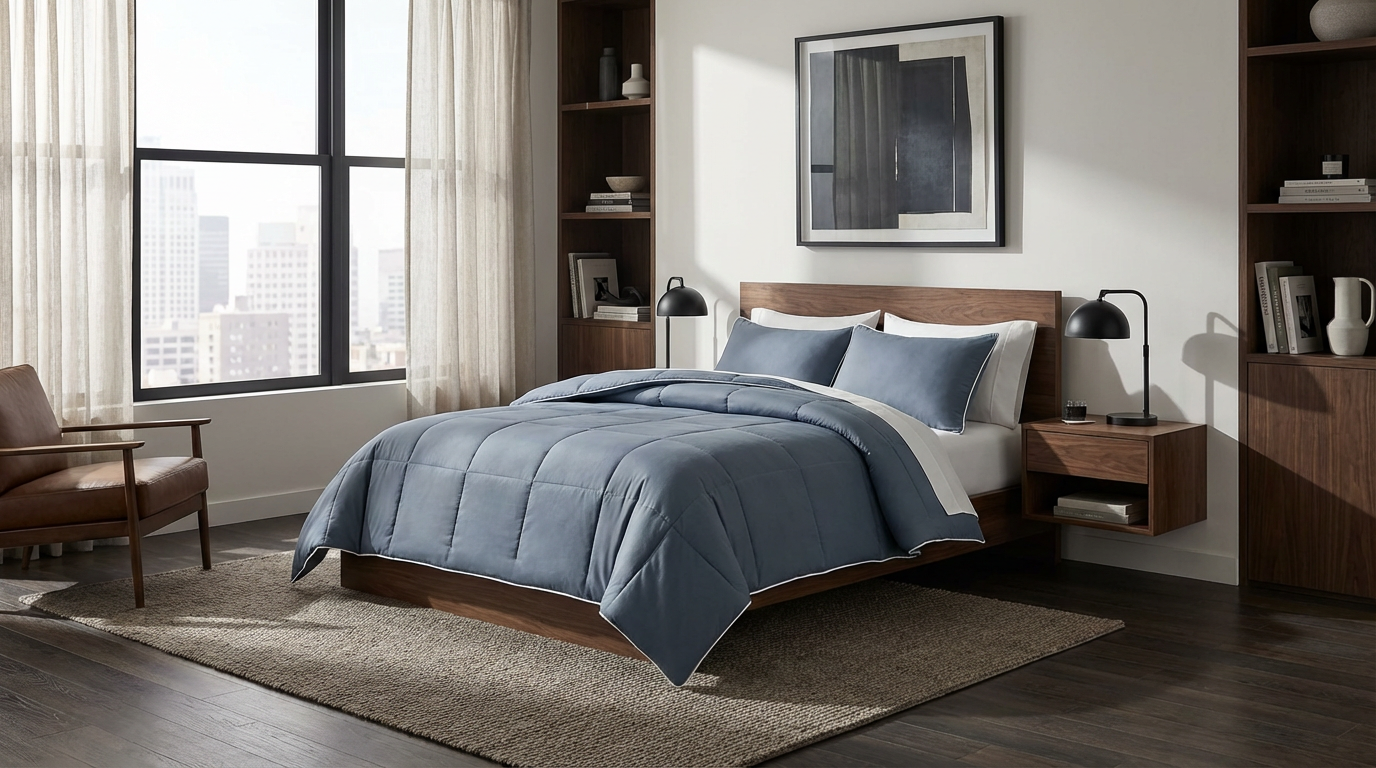 Pillow Guy Down Alternative Comforter in muted slate blue styled in a luxury modern masculine bedroom