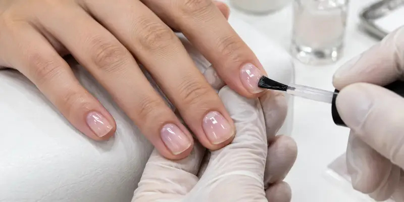 Unhas naturais recebendo banho de gel transparente em salão de Sorocaba