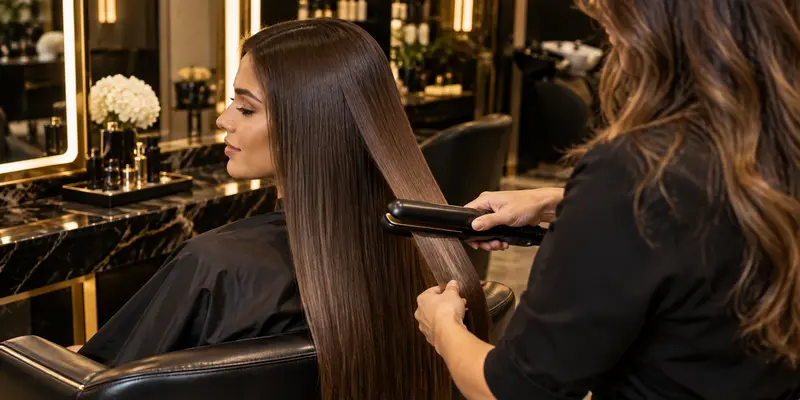Escova progressiva sendo aplicada em cabelo feminino em salão de Sorocaba