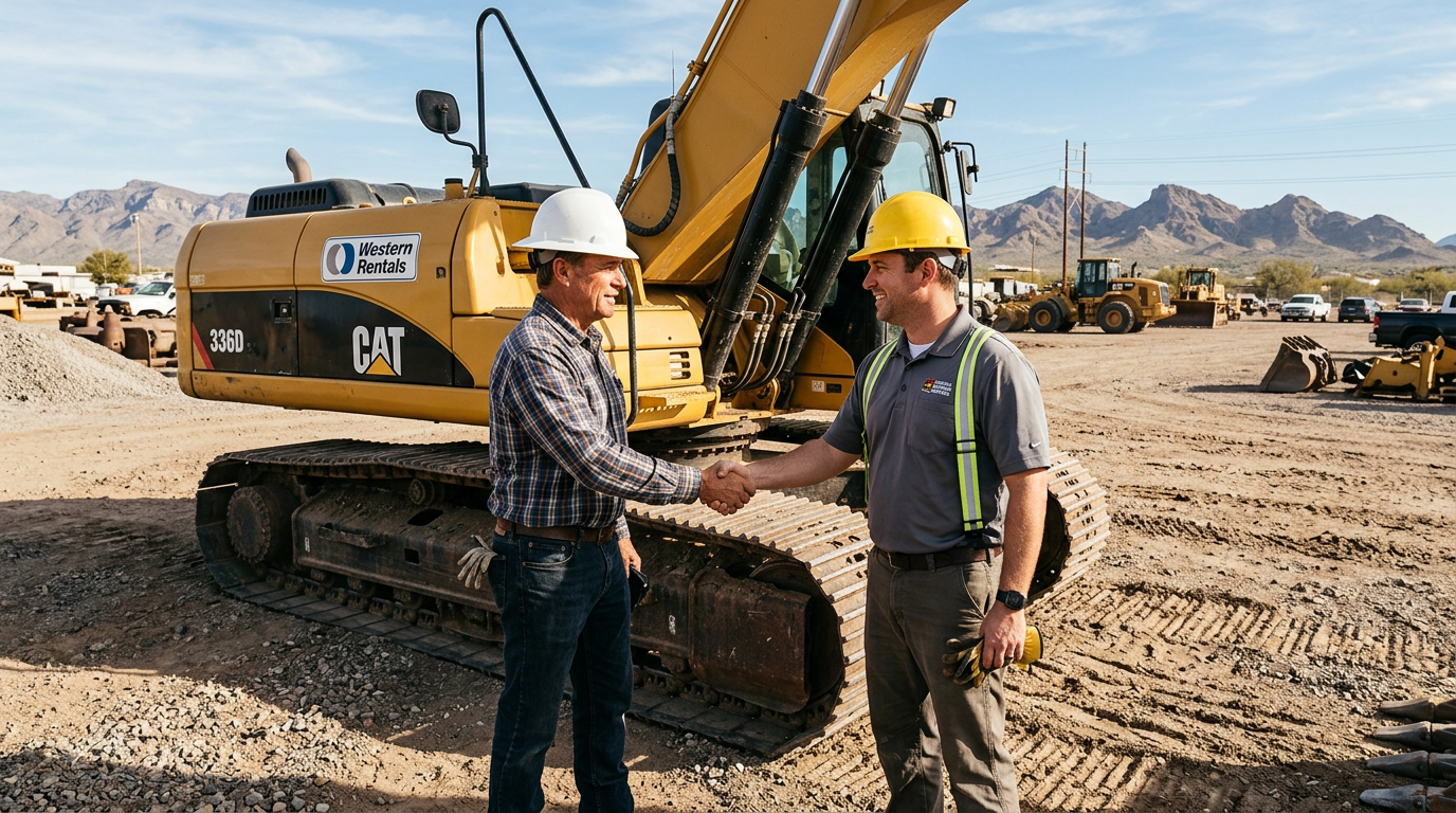 Seller and buyer shaking hands in front of a used excavator at a job site