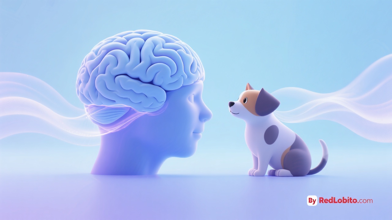 Brain and pet connected by calming waves, pastel blue and lavender, neurobiology of mindfulness, By RedLobito.com