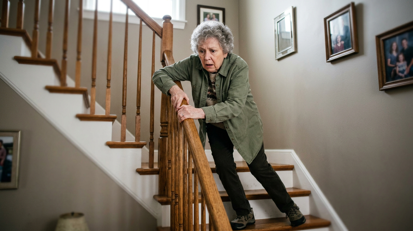 White female veteran in her 70s who has stumbled on stairs, gripping the railing, showing fall and injury risk