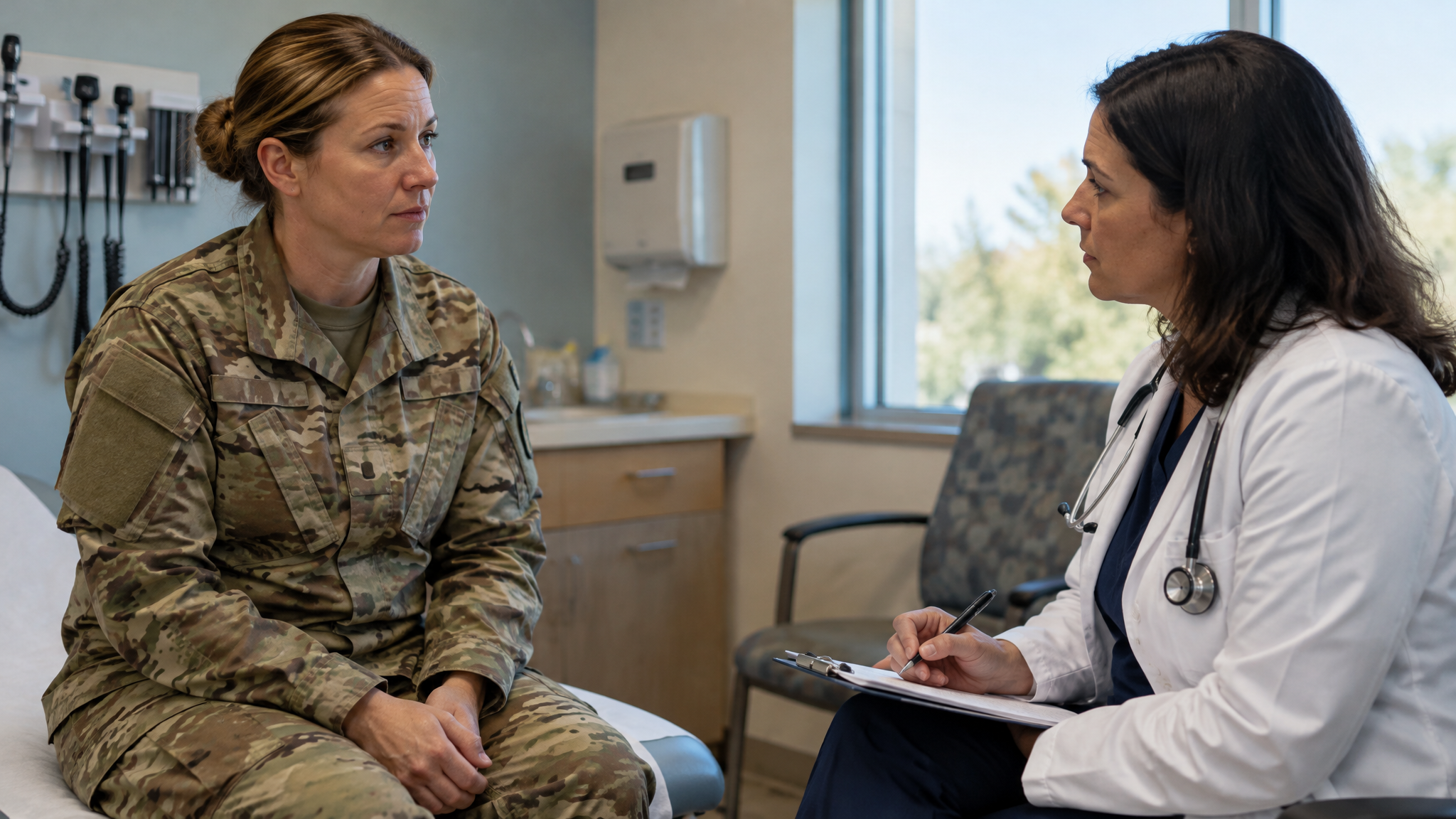 A woman veteran in an Army field jacket explaining her history to a female doctor taking notes