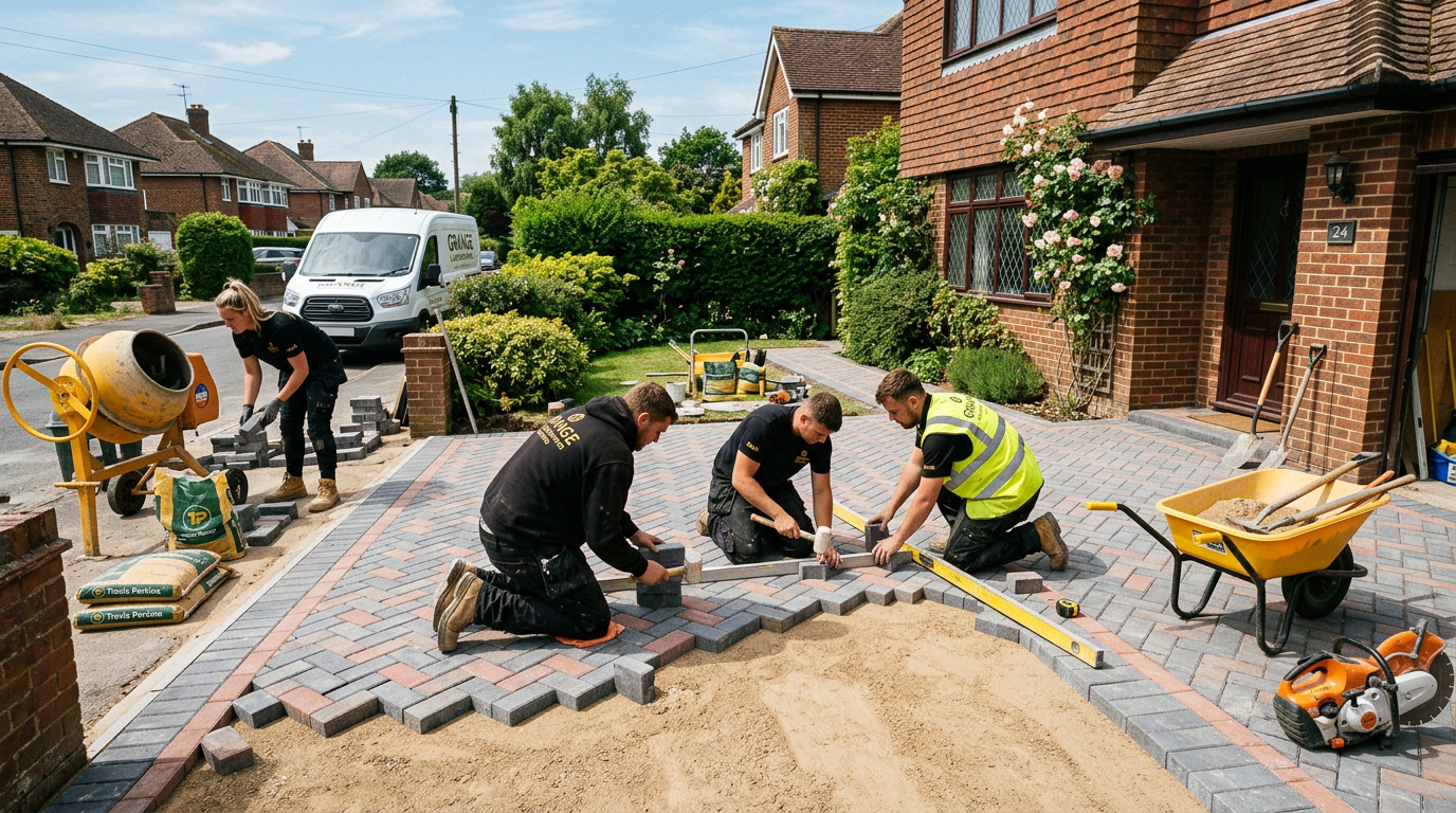 TS Landscaping crew installing a block paving driveway at a UK home