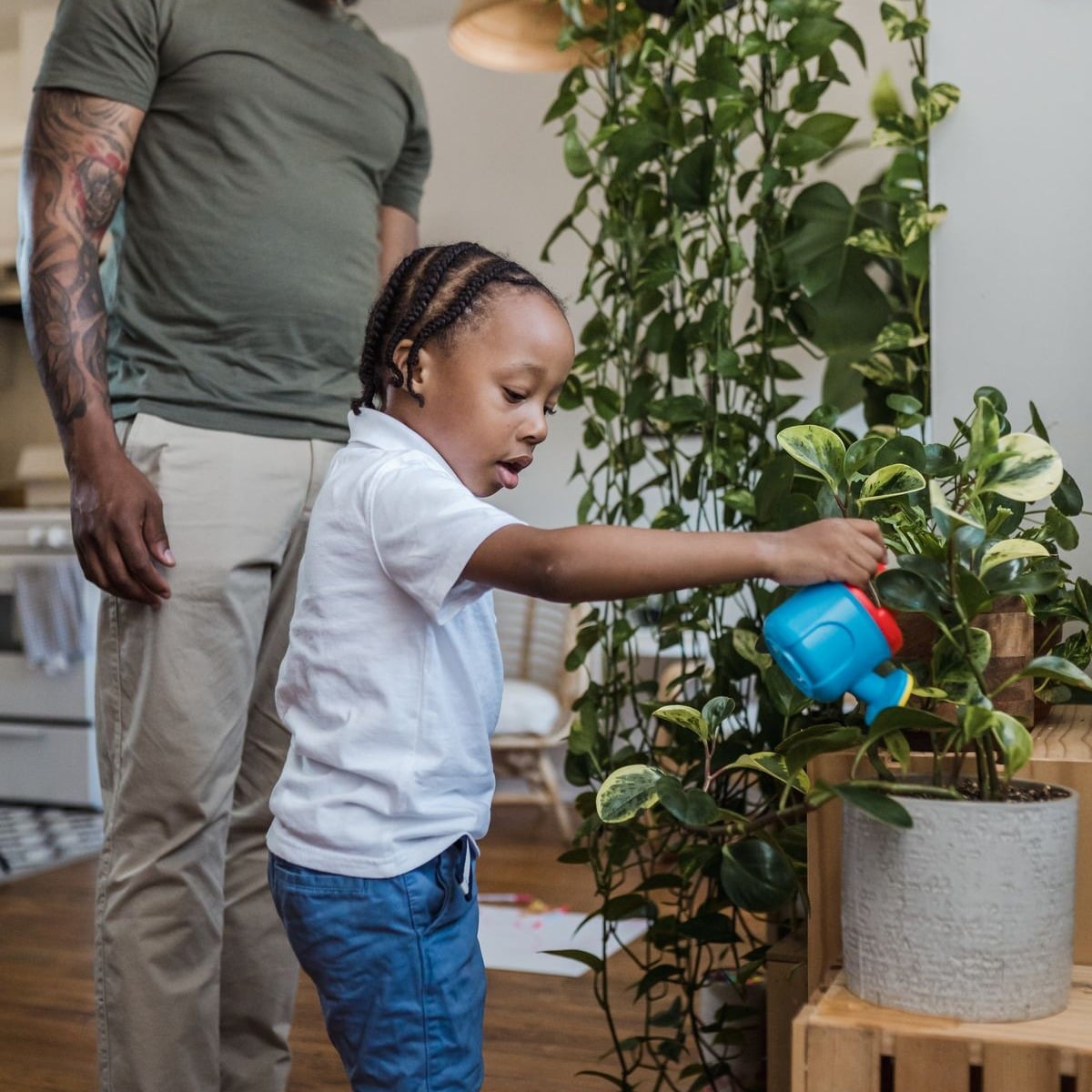 Pai e filho regando planta juntos em casa